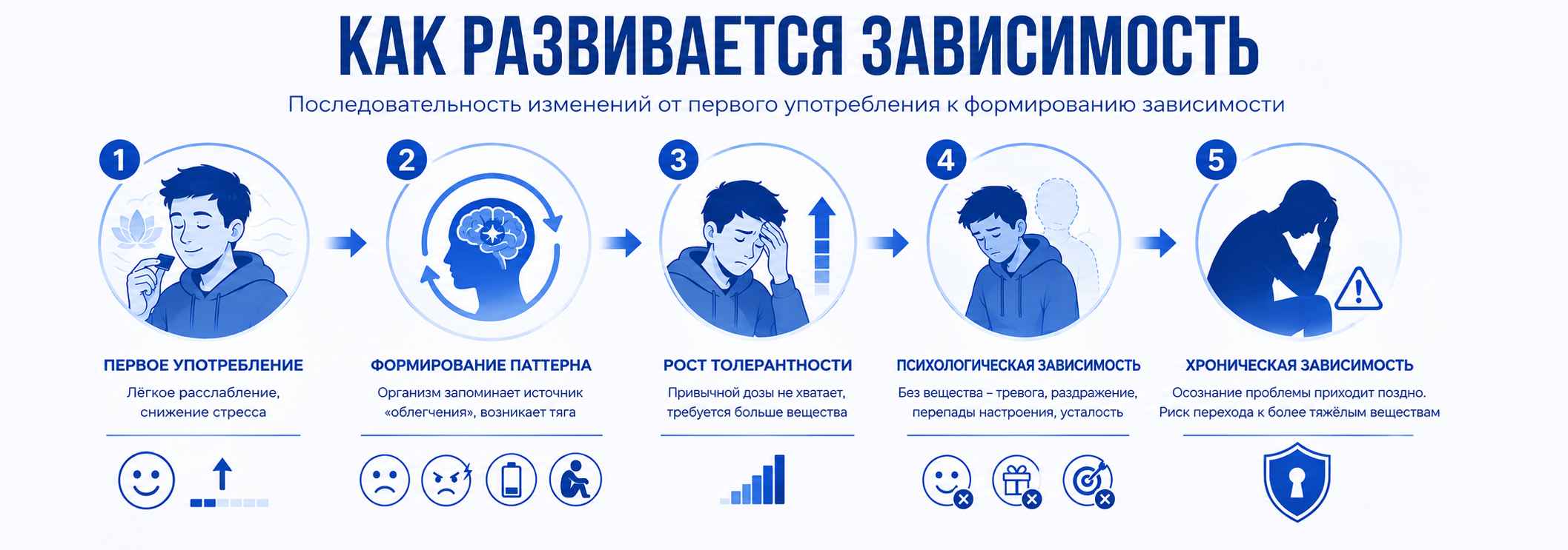 Как развивается зависимость: инфографика с основными этапами формирования зависимости — первое употребление, закрепление психофизиологического паттерна, рост толерантности, развитие психологической зависимости и переход к хронической форме с постепенной потерей контроля.