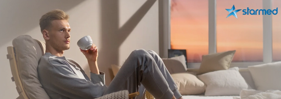 Мужчина сидит и пьет чай